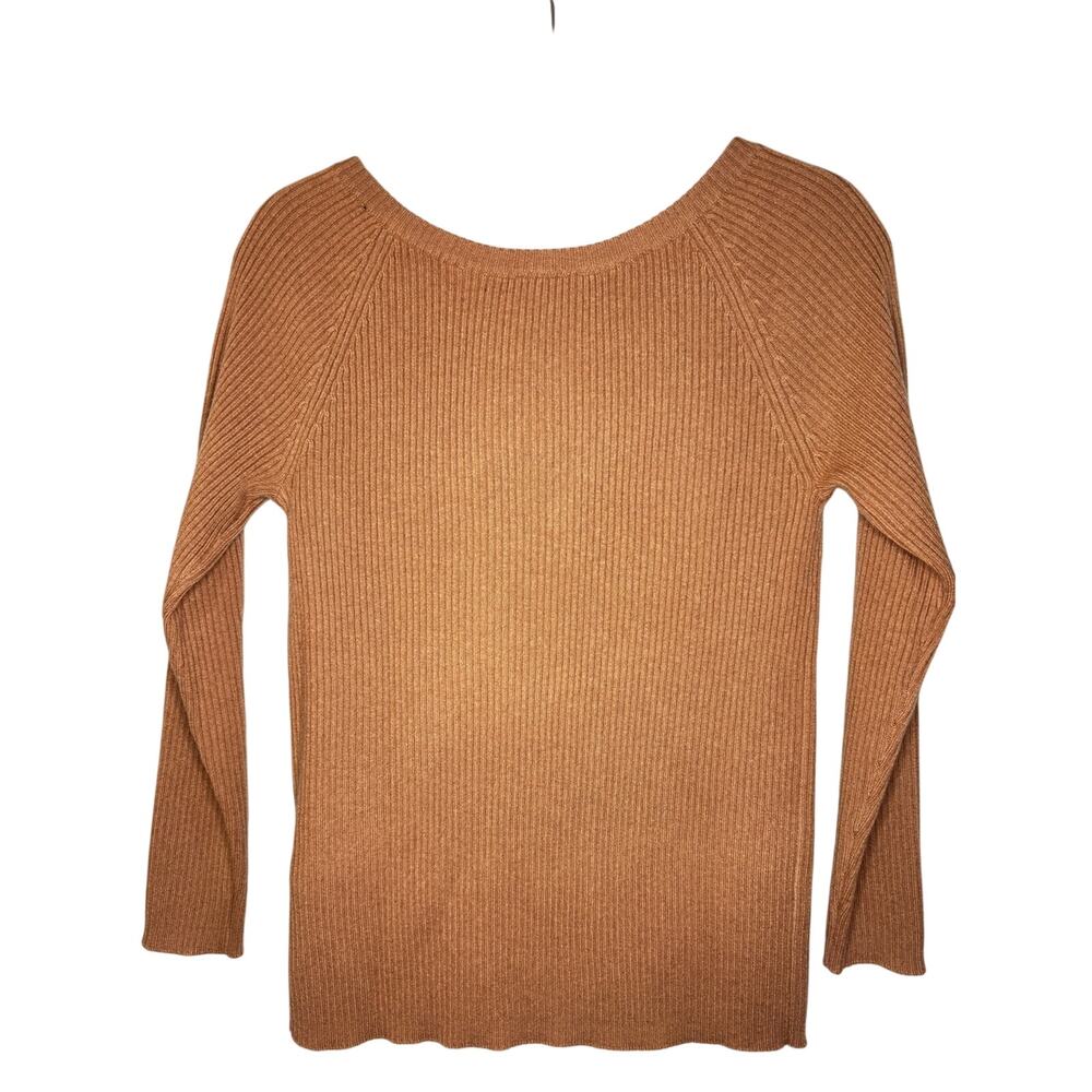 State Cashmere Ribbed Knit Fitted V-neck Cashmere Sweater Camel Brown M - Picture 2 of 4
